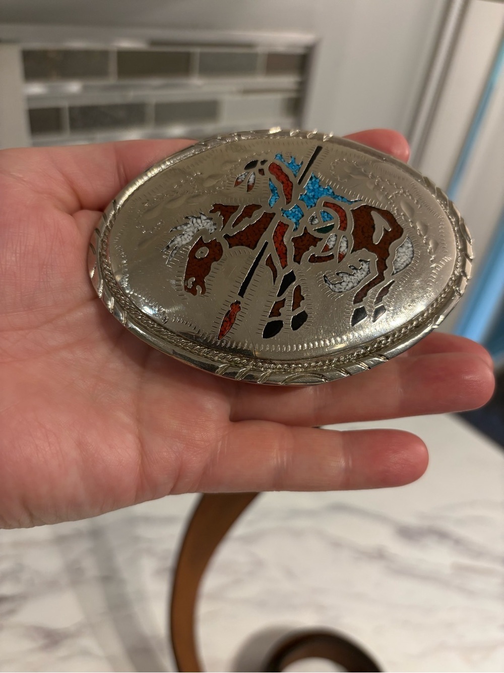 Vintage Native Belt Buckle with leather belt Turquoise stone chips southwestern - Picture 5 of 15